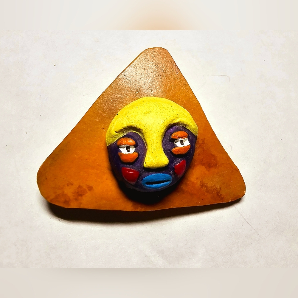Vintage 1970s clay colorful African Mask brooch pin eclectic eccentric ethnic